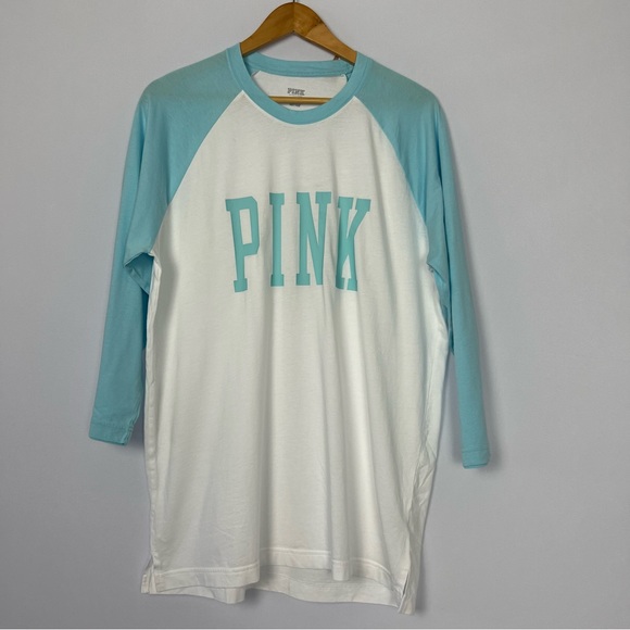 Victorias Secret Pink Large T- Shirt Cotton Love Pink Campus White & Blue - Picture 2 of 10